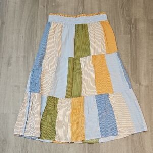 LC Lauren Conrad Striped Patchwork Midi Skirt in Blue, Mustard & Olive